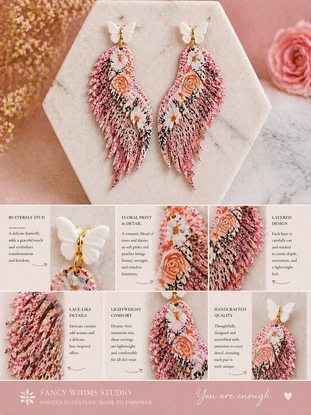 Rosé Garden Wing Earrings